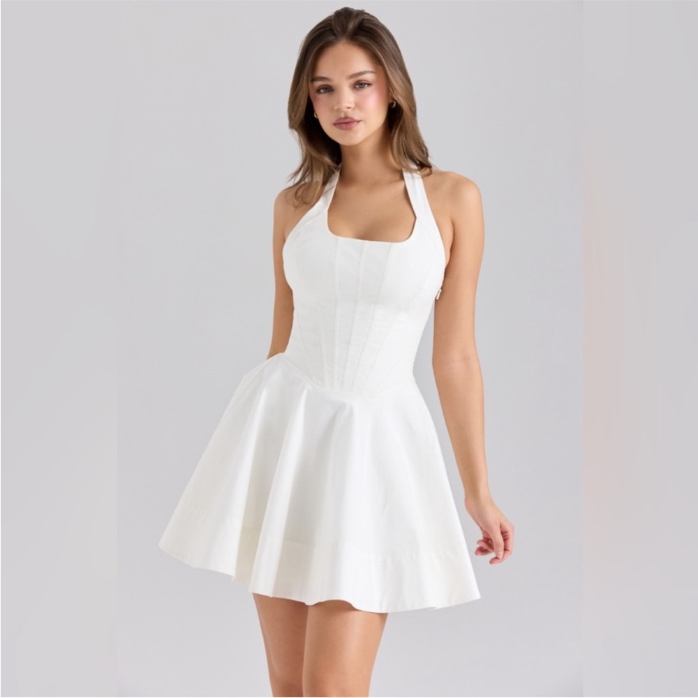 House of CB ‘SASHA’ White Stretch Cotton Halter Neck Mini Dress Small (REGULAR)